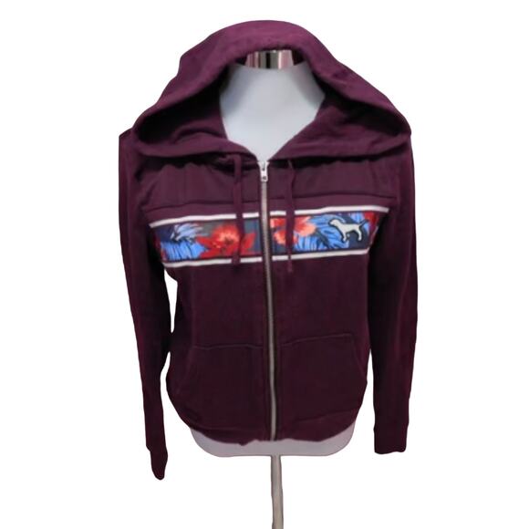 Vintage Y2k 1990's PINK Burgandy Floral Dog Long Sleeve Full Zip Hoodie Medium - Picture 3 of 16